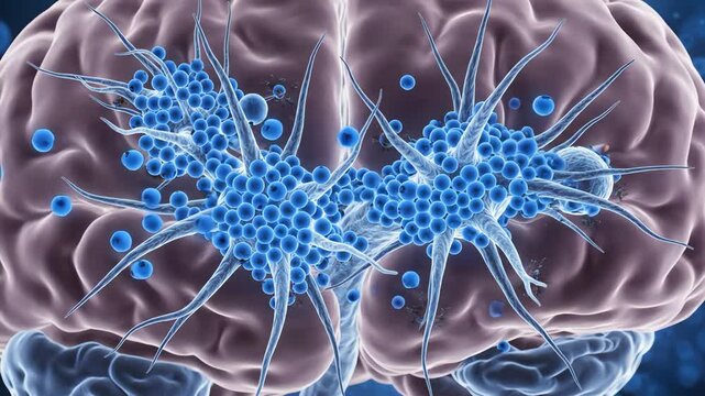Antioxidant-rich blueberry nutrients reaching brain tissue, showing simple antioxidant particles surrounding healthy neurons and reducing visible oxidative stress activity 