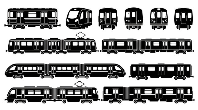 Solid Black Silhouettes of Urban Subway Trains and Metro Carriages Isolated on White