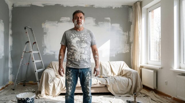 Man covered in white paint splatters stands in a room during home renovation. Ladder and furniture are covered with cloths. DIY painting job.