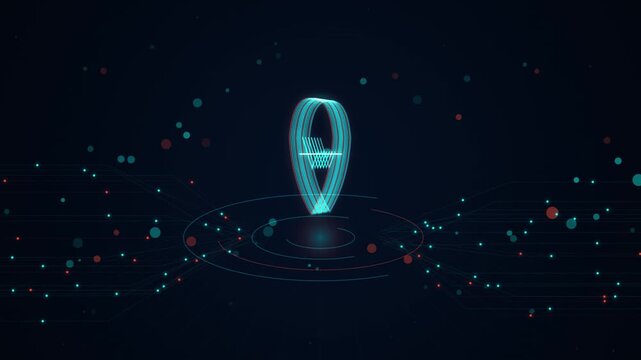 Digital map location pin hologram with data nodes and network connections navigation