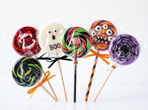 Set Of Spooky Halloween Themed Lollipops With Ghost Monster And Vampire Faces Isolated On White Background