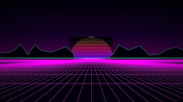 Retro 80s Synthwave Sunset Landscape with Neon Wireframe Grid