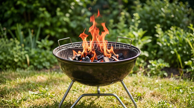 Black charcoal grill with burning flames for outdoor cooking in a garden bbq grill garden barbecue charcoal fire outdoor living summer cooking backyard party