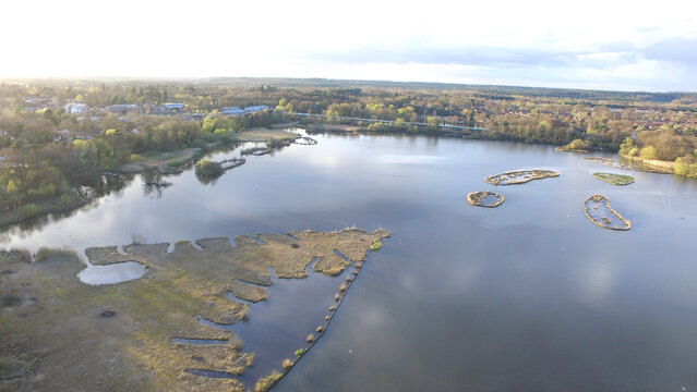 Aerial view of Fleet Pond Nature Reserve featuring calm water, small islands, and surrounding woodland under a soft sky Fleet, England, United Kingdom.