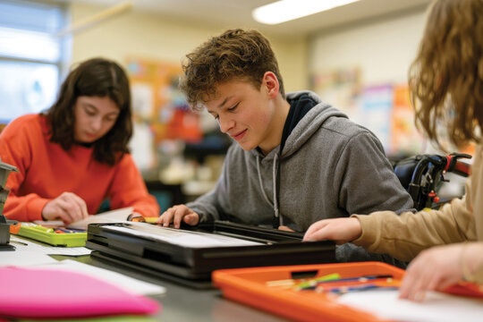 In a colorful classroom, students engage in a creative activity, showcasing their artistic skills and collaboration while working together on expressive artwork.