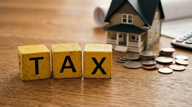 Wooden block spelling tax with miniature house and coins on wooden surface