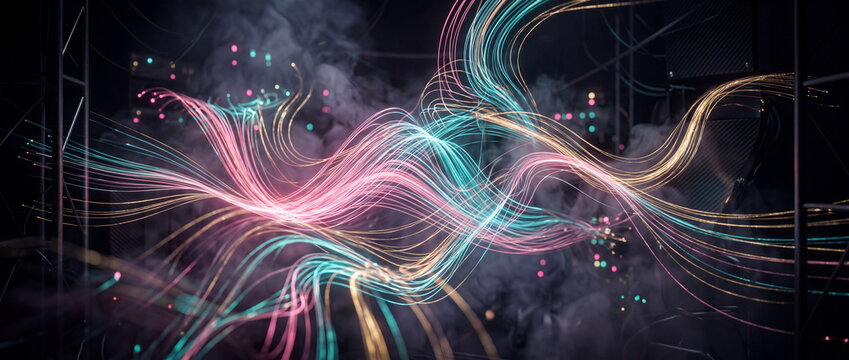 Dark smoke background-e glowing neon fiber optic wave ebong high-tech data stream cable