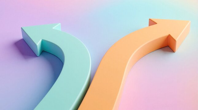 Two 3D arrows split, showing different directions on a soft pastel gradient background. This represents a fork in the road, making a choice, or divergent paths forward.