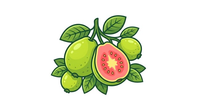 A clean graphic illustration of a fresh guava cluster on branches, featuring a whole fruit, a halved pink guava with seeds, and smaller fruits surrounded by green leaves