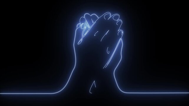 Neon blue continuous line art animation of praying hands gesture concept