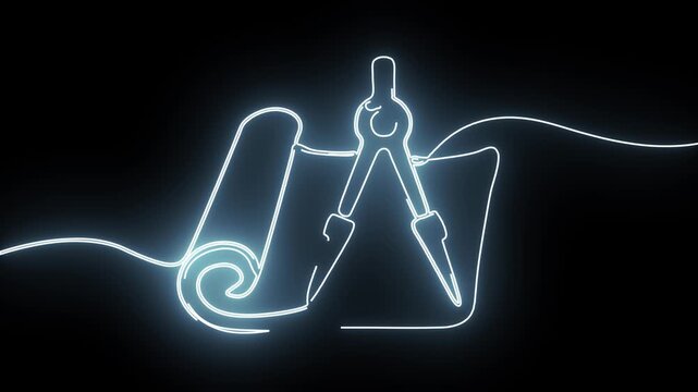 Neon blue continuous line art animation of architectural blueprint compass