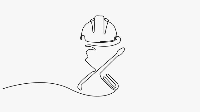 Continuous line art animation of construction hard hat tools vector