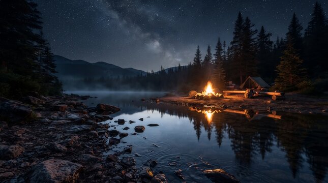Realistic Camping Bonfire Beside A Calm Mountain Lake At Night Nature Landscape