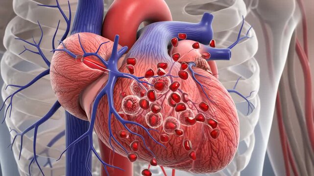 Antioxidant-rich pomegranate nutrients reaching heart tissue through coronary blood vessels, showing healthy cardiac muscle cells receiving simple antioxidant particles 