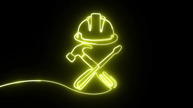 Neon yellow continuous line art animation of construction hard hat tools