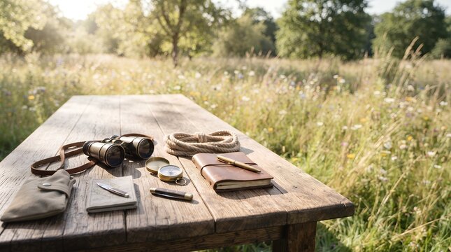 Rustic Flat Lay Adventure Equipment On A Wooden Table Outdoors Travel Category