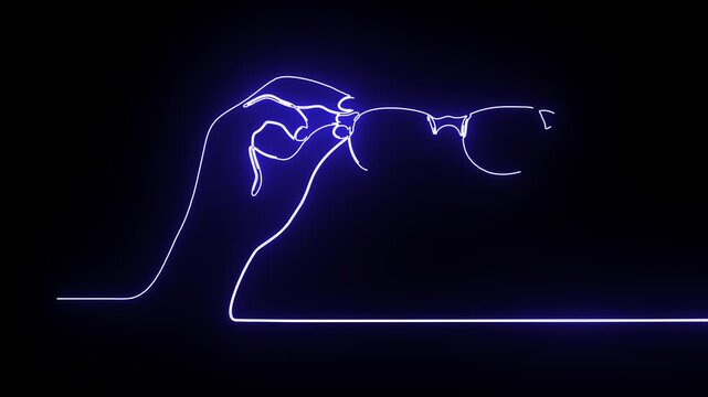 Neon blue continuous line art animation of hand holding eyeglasses concept