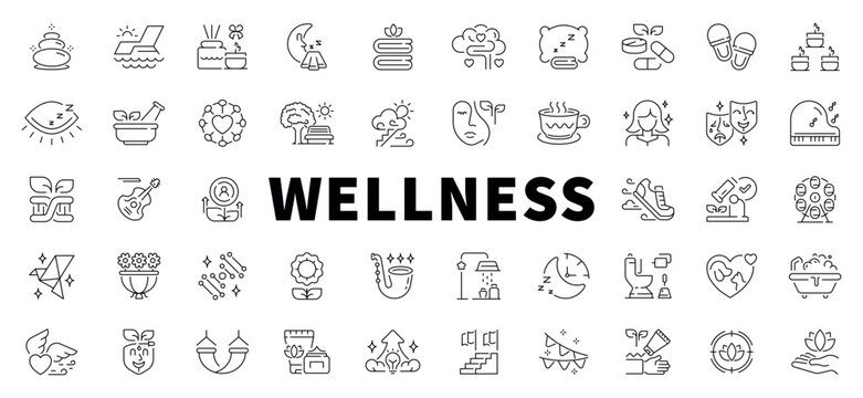 Comprehensive collection of editable stroke icons representing wellness and healthy lifestyle