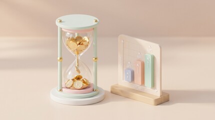 Fototapeta premium 3D Isometric Hourglass with Falling Golden Coins and Growth Chart