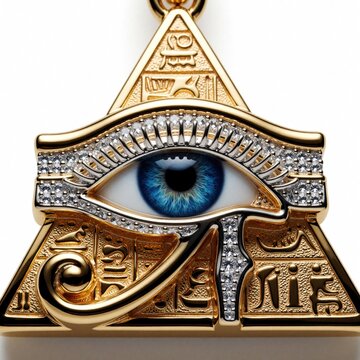 Luxurious gold pendant features Eye of Horus symbol detailed with diamonds and hieroglyphs. This ornate amulet represents protection, royal power, and good health, set against clean white background.