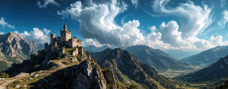 Ancient castle stands on rocky mountain peak under dramatic sky. Jagged peaks surround valley below. Epic landscape evokes fantasy adventure and historical exploration themes.