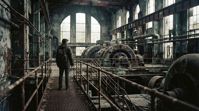 Industrial worker inspects vintage machinery in abandoned factory with rustic metal equipment
