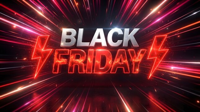 Black friday sale banner with bold 3d metallic text, vibrant red lightning bolt graphics, and dynamic light streaks on a dark background
