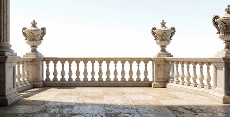 Obraz premium Elegant stone terrace features classical balustrade and decorative urns against bright sky. Stone baluster railing and ornate pillars adorn empty outdoor patio space.