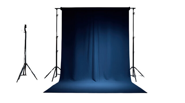 Professional blue photography backdrop with support stands and seamless floor studio setup isolated on a whitebackground