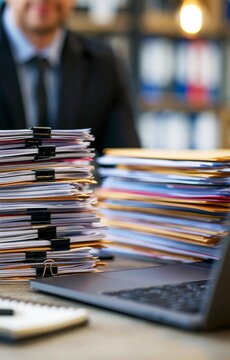 Businessman organizes clipped documents beside a laptop and notebook at an office desk, representing paperwork management, document review, administration, and organized corporate workflow.