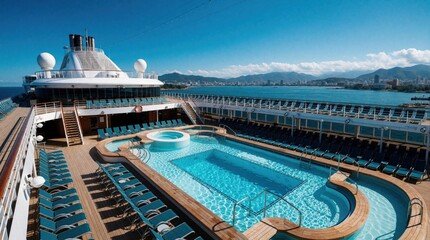 Fototapeta premium View of a large cruise ship deck with blue pools and lounge chairs. Ocean water and city skyline visible in distance. Luxurious travel leisure facility.