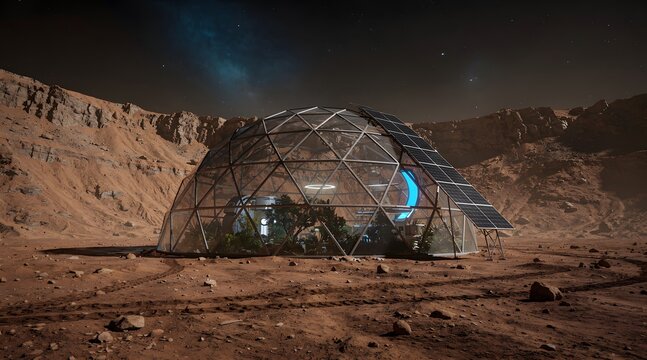 Futuristic Biodome Habitat on Mars with Solar Panels and Lush Interior Gardens for Space Exploration and Colonization