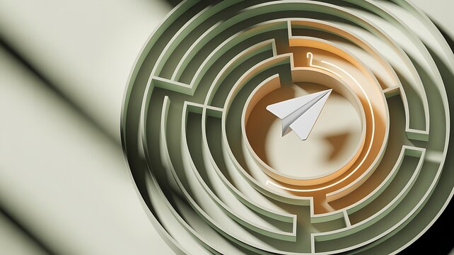 Man walking toward a circular maze with a red arrow path leading to an upward exit representing guided business strategy, 3d render 