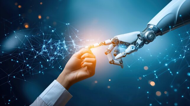 Future Artificial Intelligence Concept with Robotic and Human Hands Touching against a Blue Digital Network Background, Representing Machine Learning, Innovation, and Advanced Tech Interaction