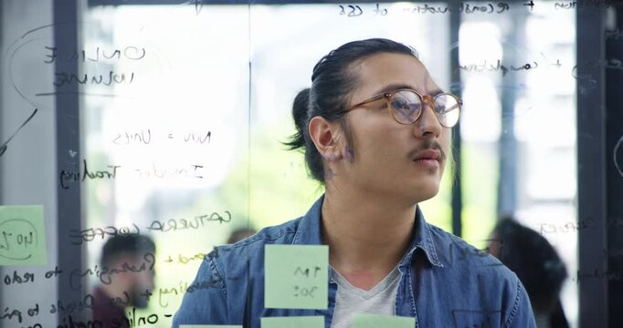 Thinking, planning and window with business man in office for idea, brainstorming or mind map. Project target, sticky note and vision with employee and glass board for solution and problem solving