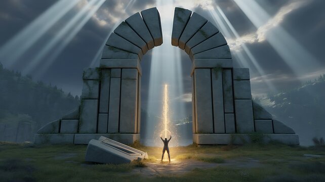 Man standing before giant stone arch with missing keystone piece on the ground, critical role, key person and completing the structure concept, 3d render