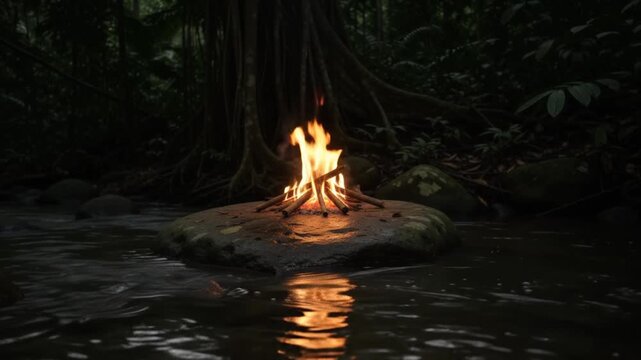 A small campfire burns brightly upon a large dark rock situated in the middle of a flowing river surrounded by dense tropical jungle foliage during the dark evening hours of the night time