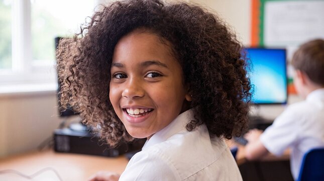 Smiling School Girl in Computer Lab Classroom