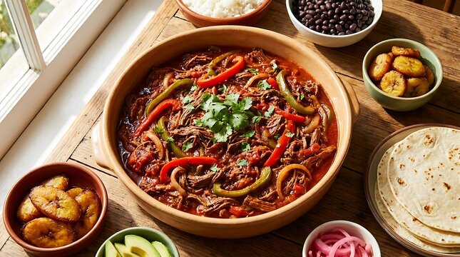 Traditional shredded beef ropa vieja served in a bowl with plantains beans and tortillas. ropa vieja