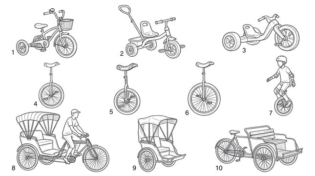 Thin Line Art Illustrations of Children's Tricycles, Unicycles, and Pedicabs