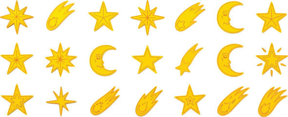 Hand-drawn yellow star and crescent moon collection, set of 21 celestial doodle icons, golden comet and night sky vector elements for nursery decor © FATEMA