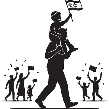 Black silhouette of a father carrying his child on shoulders while waving an israeli flag at a public parade Vector