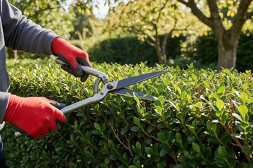 Obraz premium Gardener wears red gloves trims green hedge with shears. Person shapes bush in sunny backyard. Outdoor plant maintenance work is done with tool.