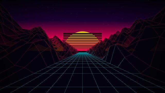 80s Retro Synthwave Landscape with Wireframe Mountains and Neon Sun