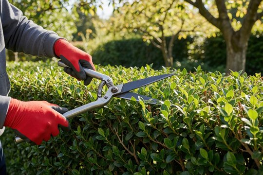 Gardener wears red gloves trims green hedge with shears. Person shapes bush in sunny backyard. Outdoor plant maintenance work is done with tool.