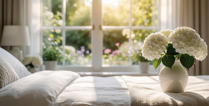 Clean hospice room with made bed, window view. Sunny garden outside, white flowers in vase. Peaceful, comforting atmosphere for end-of-life care.