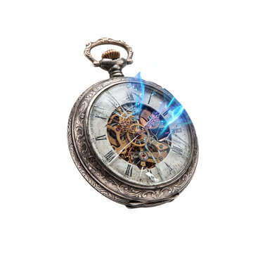 Vintage broken pocket watch with glowing blue magical energy escaping cracked glass on black