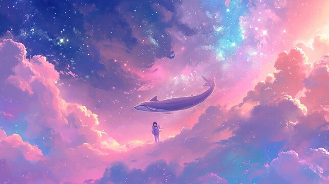 Magical surreal illustration featuring an astronaut standing on soft pink clouds while watching a majestic giant whale swimming through a dreamy blue galaxy sky filled with nebula and stars.