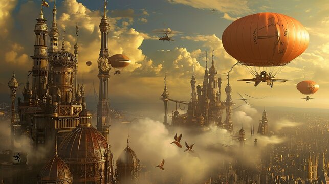 Magnificent steampunk city floating high above the clouds featuring intricate Victorian architecture with towers and domes, surrounded by airships and birds during a golden sunset.