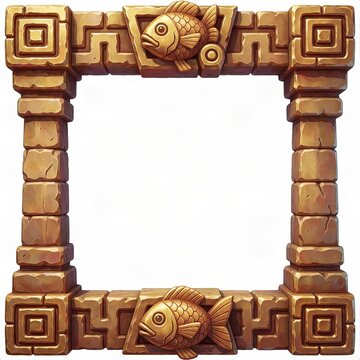 Golden Aztec Stone Temple Frame with Carved Geometric Ornaments